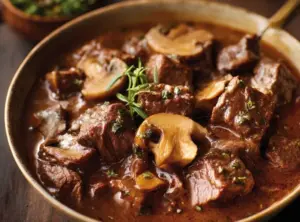 Delicious Slow Cooker Beef Stroganoff served with pasta and herbs.