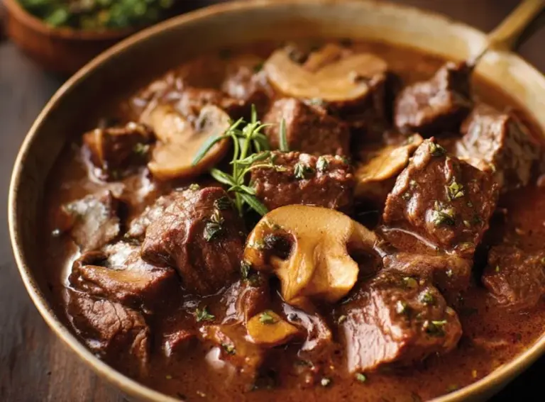 Delicious Slow Cooker Beef Stroganoff served with pasta and herbs.