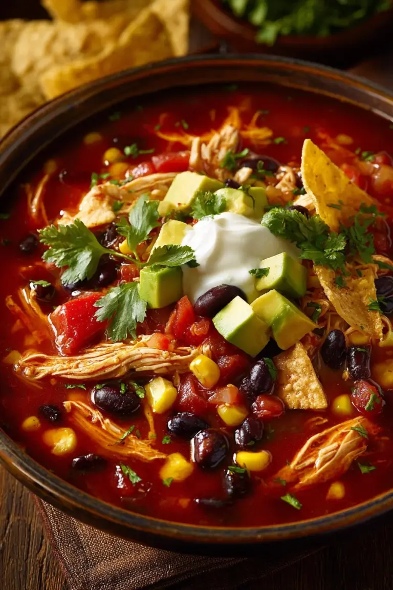 Bowl of Slow Cooker Mexican Chicken Soup garnished with cilantro and lime