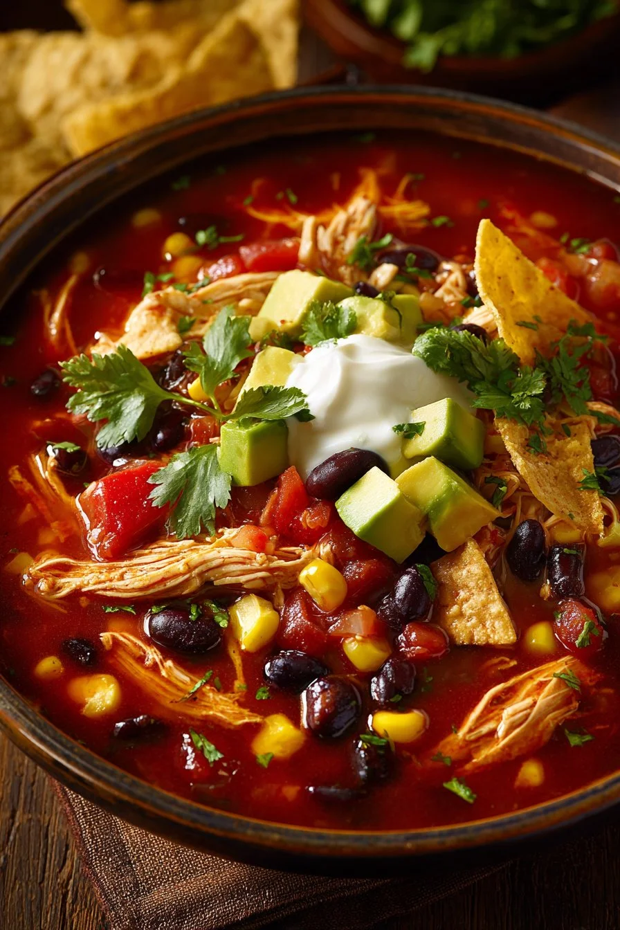 Bowl of Slow Cooker Mexican Chicken Soup garnished with cilantro and lime