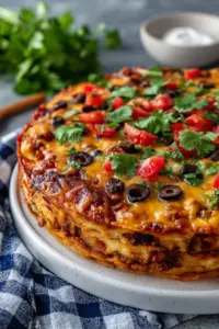 Delicious Taco Cake decorated with toppings, perfect for celebrations and events.