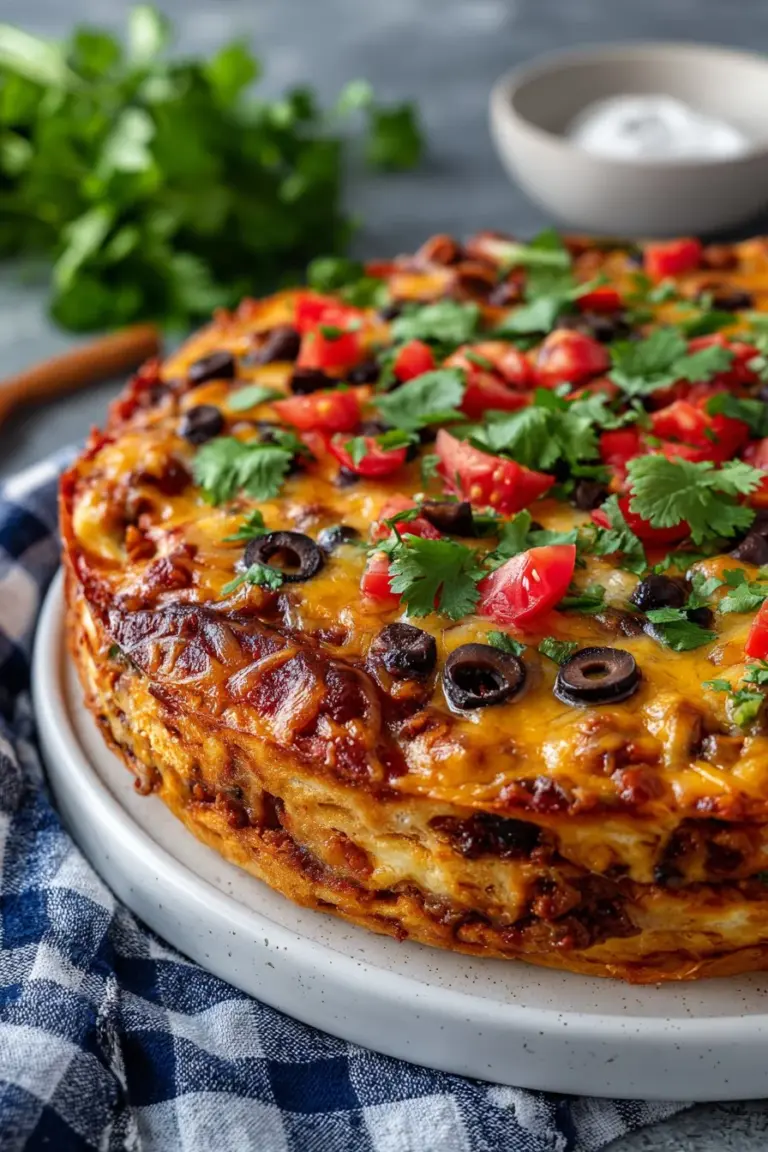 Delicious Taco Cake decorated with toppings, perfect for celebrations and events.