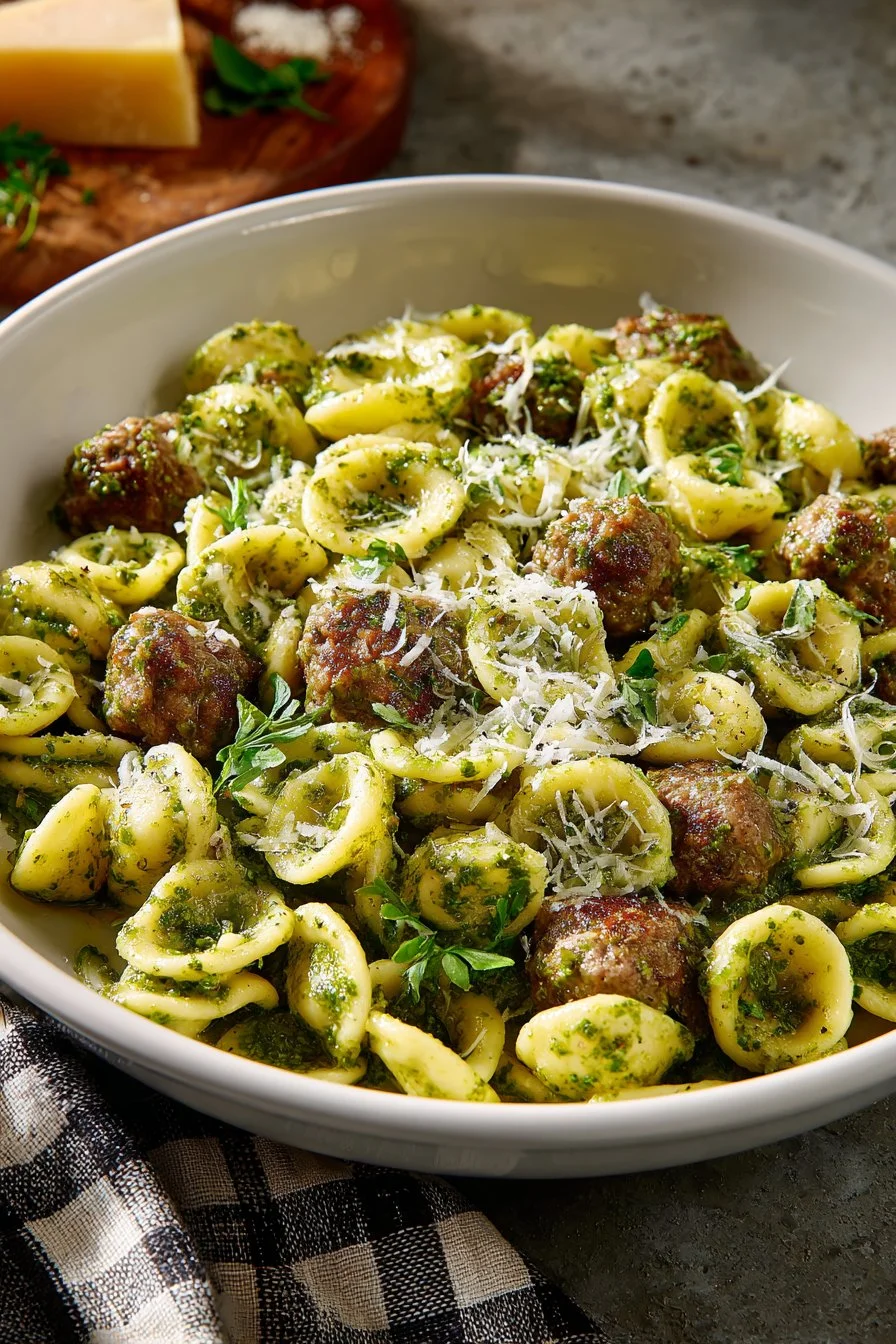 Turkey Pesto Meatballs served with orecchiette pasta in a bowl