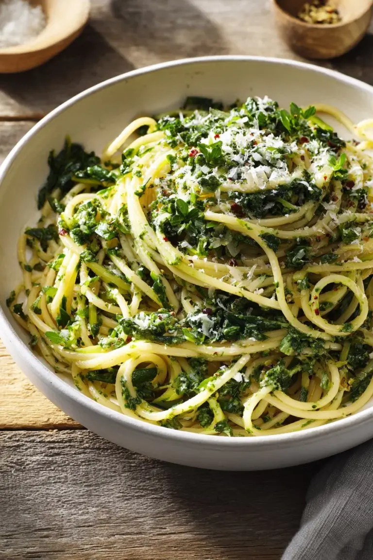 Plate of zucchini butter spaghetti garnished with fresh herbs and parmesan