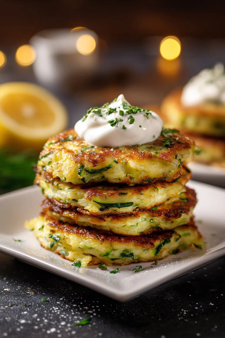 Crispy zucchini fritters served on a plate with dipping sauce