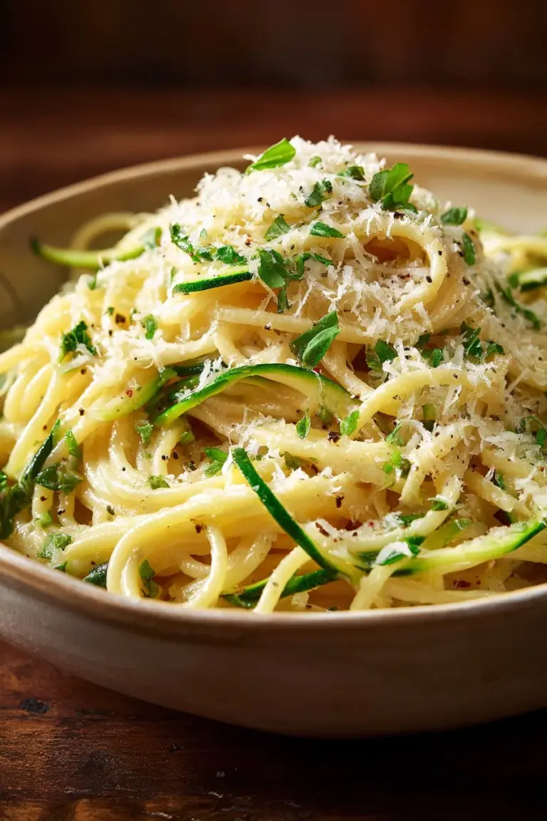 Zucchini strand spaghetti served with fresh herbs and cherry tomatoes