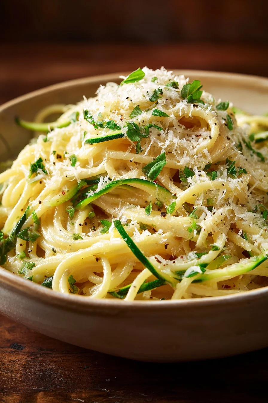 Zucchini strand spaghetti served with fresh herbs and cherry tomatoes